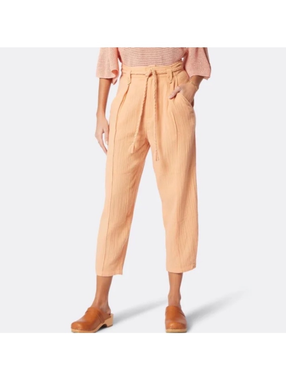 Joie Peach Cotton Muslin High-Waisted Paperbag Tapered Pants 12